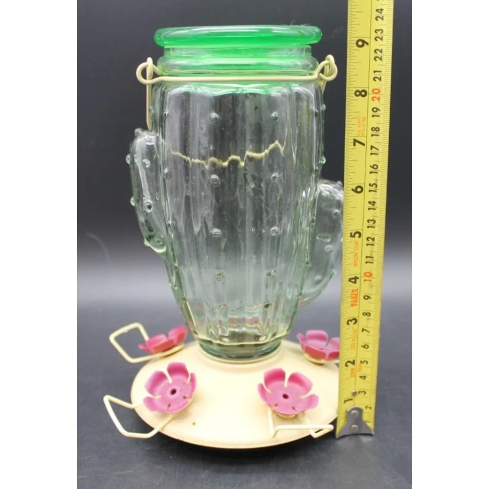 Perky-Pet Cactus Glass Hummingbird Feeder Top Fill Green Jar Pink Flower Ports